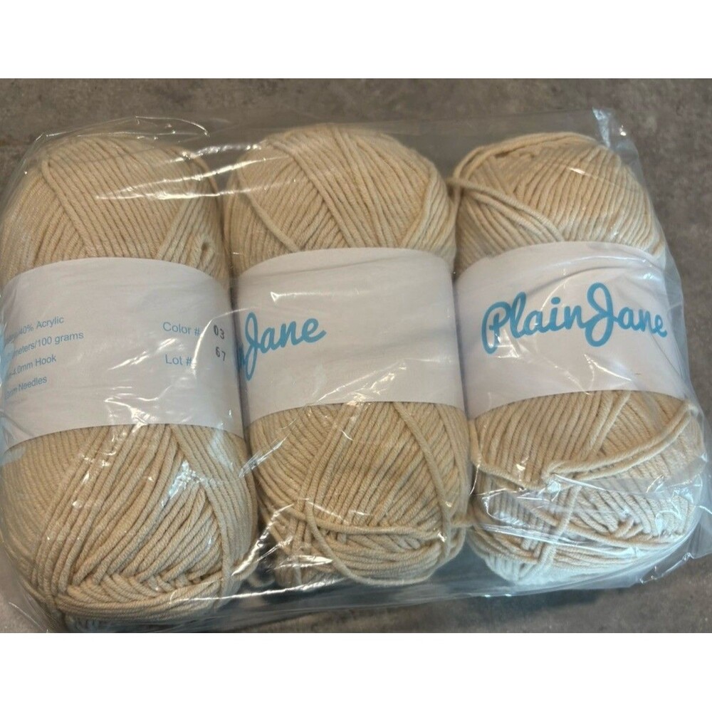 Plain Jane 3 Skeins 60% Cotton 40% Acrylic Yarn Cream Color 03 Lot # 67 Worsted
